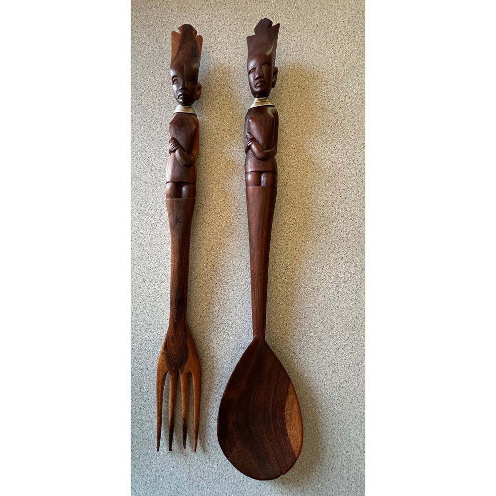 Vintage 16" Hand Carved Wooden‎ African Tribal Figurines Salad Servers Set